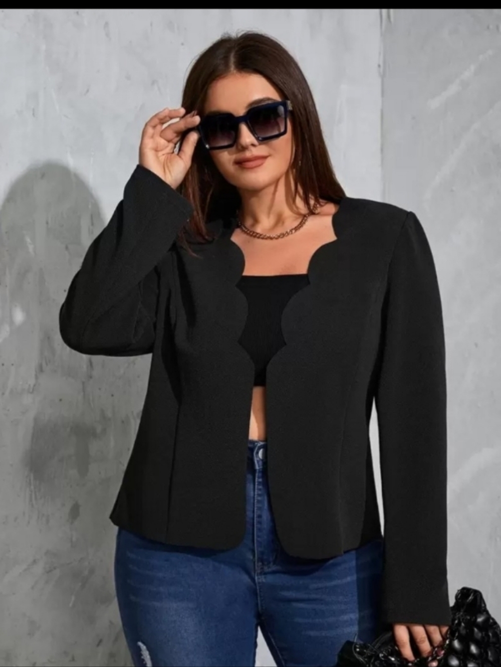 Black Scallop Edge Open-Front Blazer